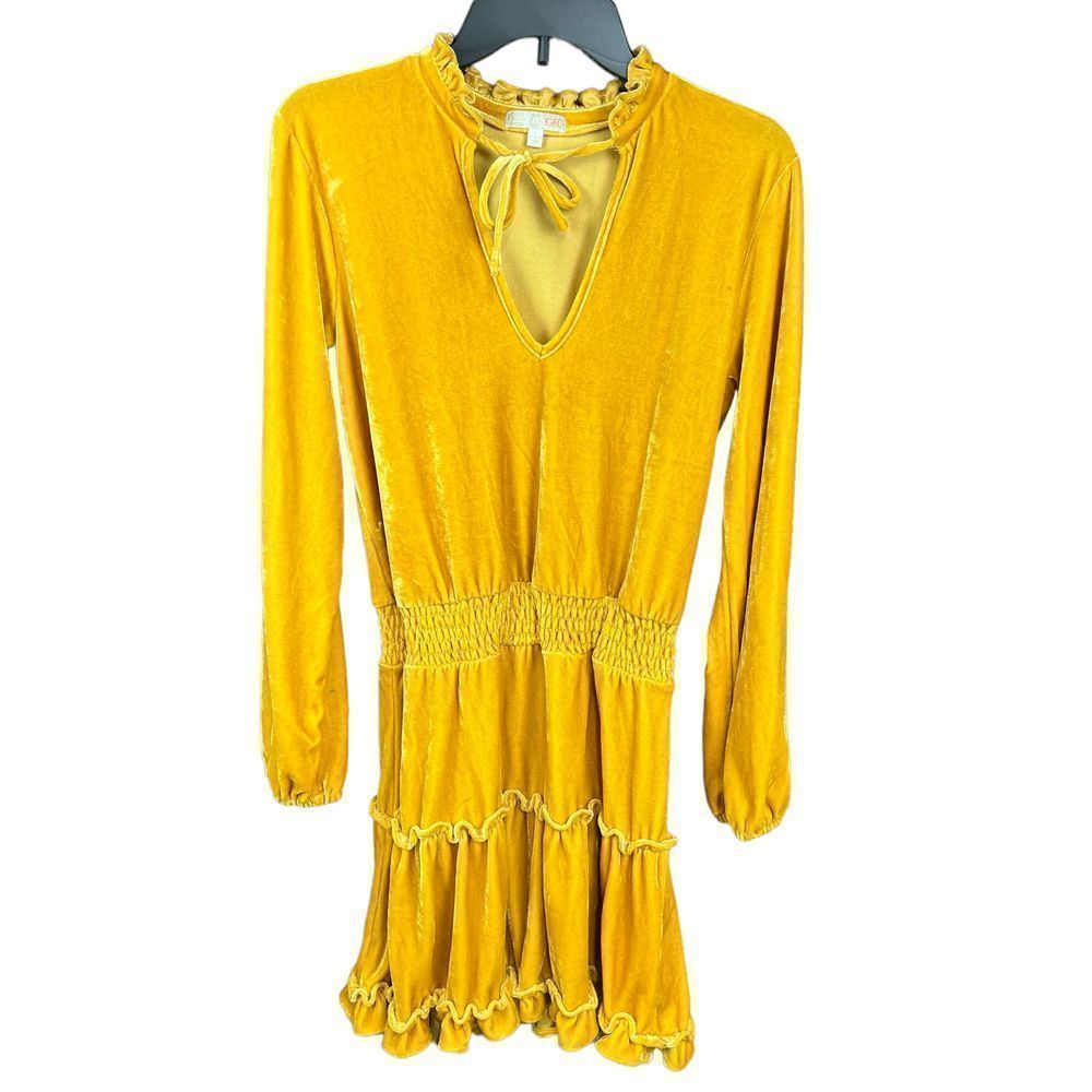 Gianni Bini Flare Dress Yellow Velvety Look Ruffled Collar Hem Size Large
